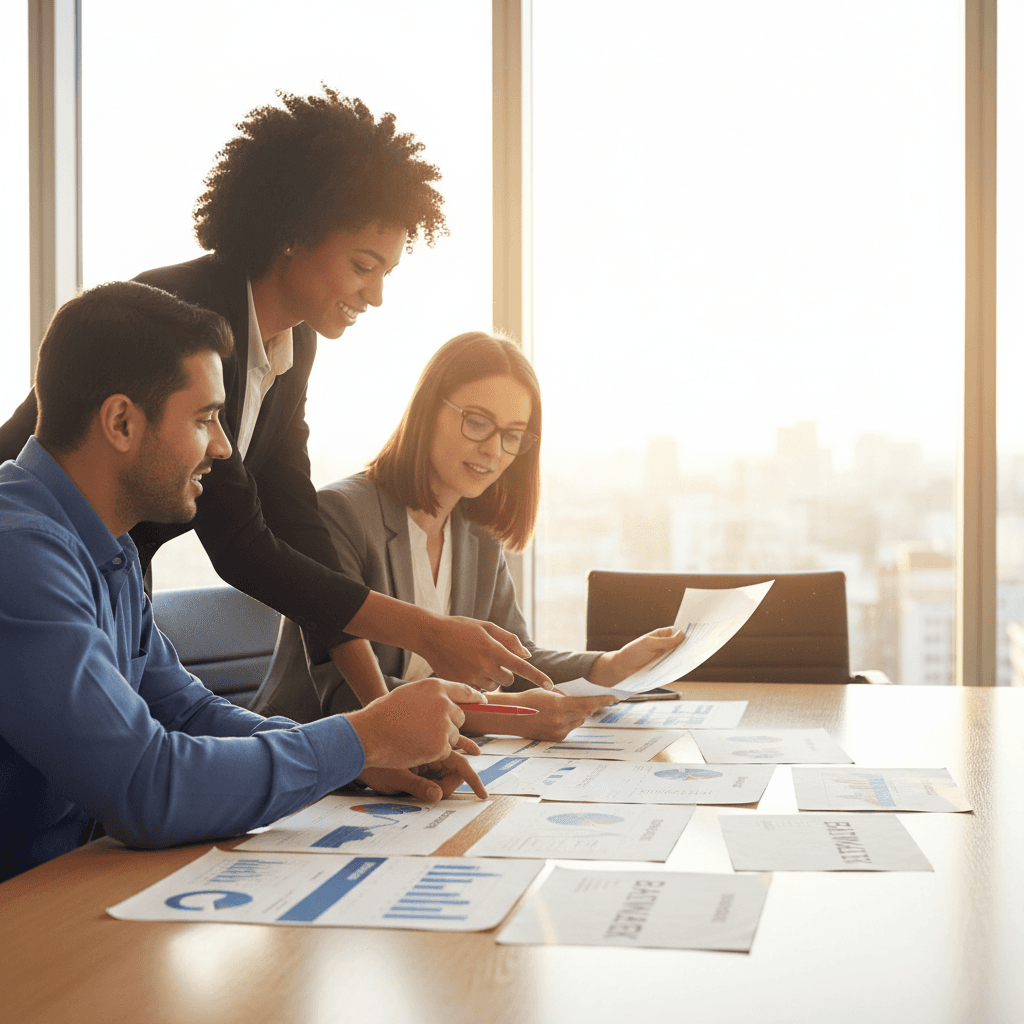 Équipe de consultants discutant autour d'analyses BatMark imprimées lors d'une réunion de prospection