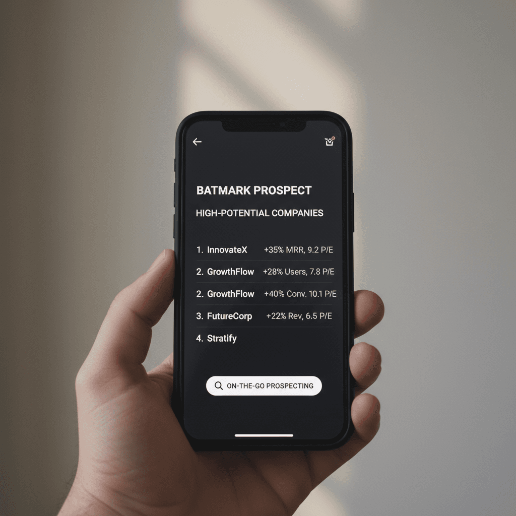 Interface mobile de BatMark affichant une liste prioritaire d'entreprises à prospecter avec métriques clés