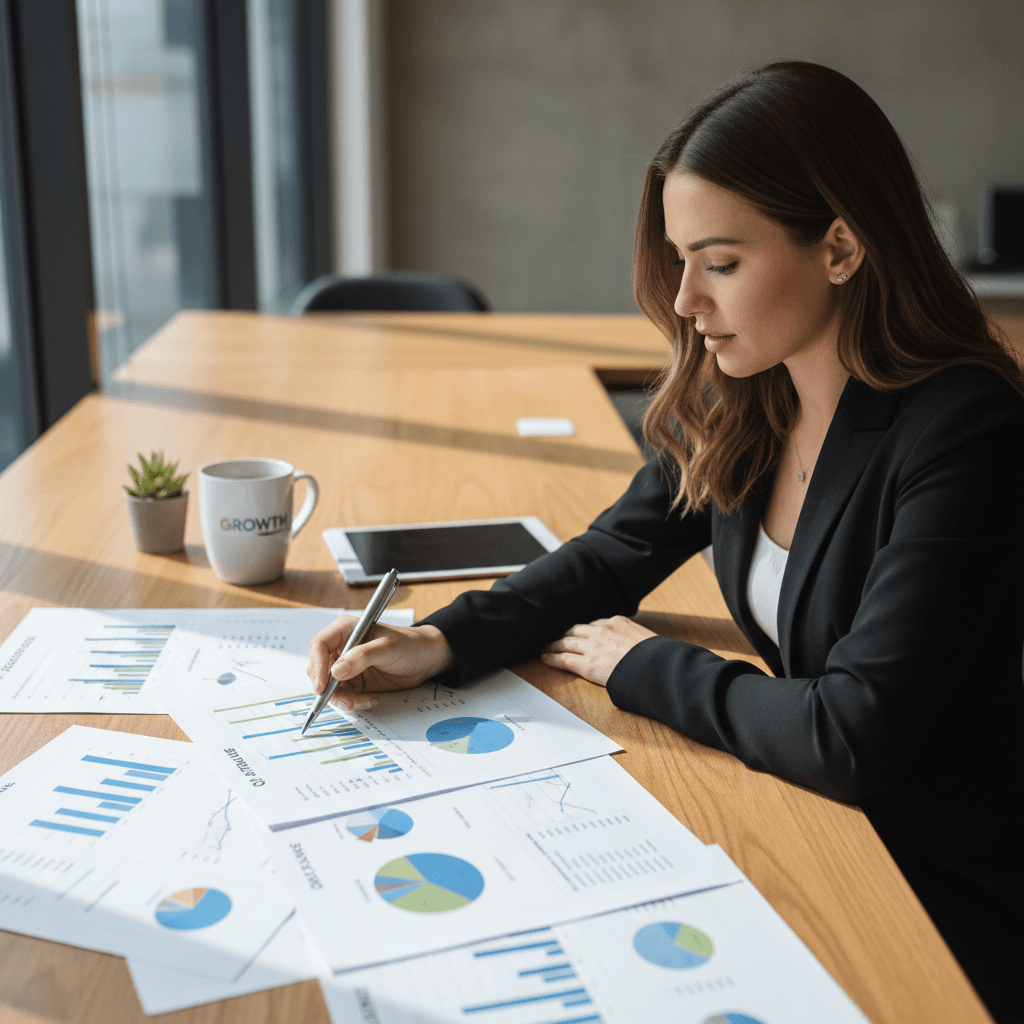 Consultant B2B étudiant une analyse BatMark imprimée avec données d'entreprises à prospecter