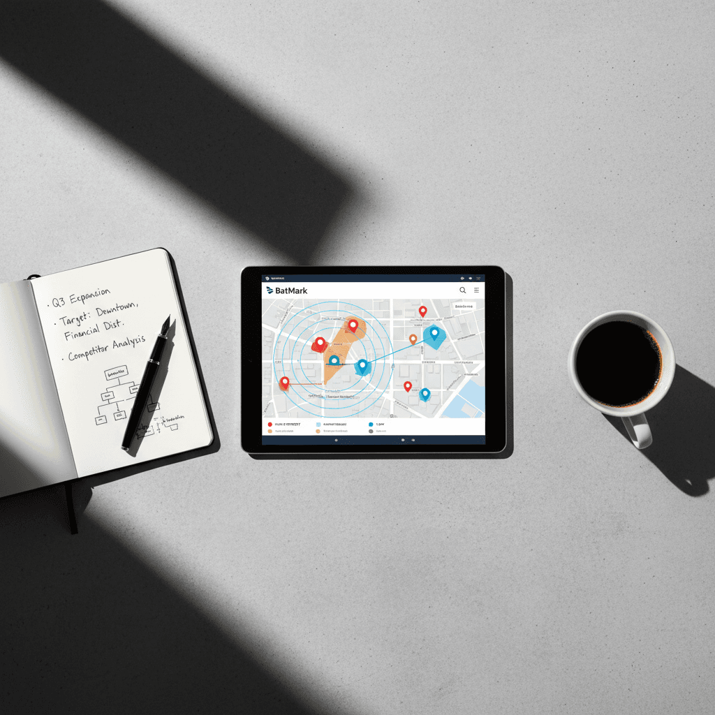 Vue aérienne d'une tablette affichant la carte interactive BatMark avec zones de prospection prioritaires